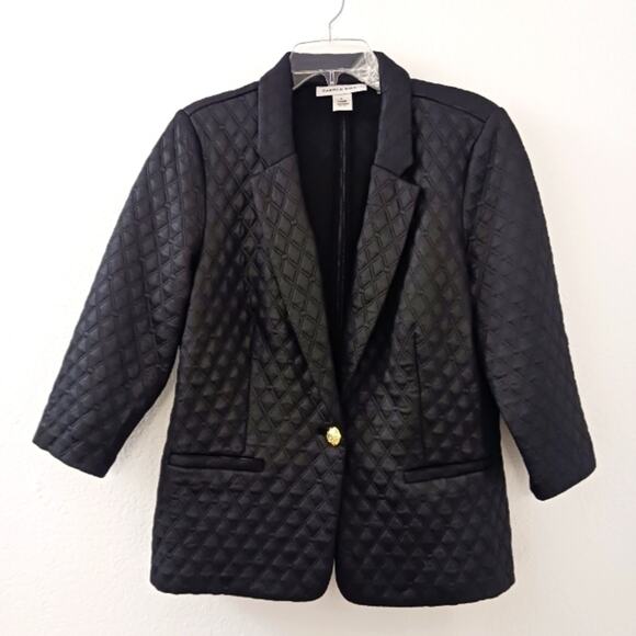 Black Jacket Blazer Luxury Sz Large Diamond Quilted Gold Button Cocktail Modern - Picture 1 of 15